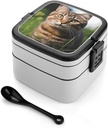 Tabby Cat on The Grass Bento Box Double-Layer Bento Lunch Container with Spoon And Invisible Handle Adult Leak-Proof Lunchbox for Dining Out Work Picnics Travel