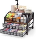 Coffee Bar Organizer - Coffee Station for Countertop, Metal and Wood K Cup holder Storage Basket for Coffee Pods, Syrup, Cups, Stirrer, Coffee Condiment, Tea Organizer, Black and Brown
