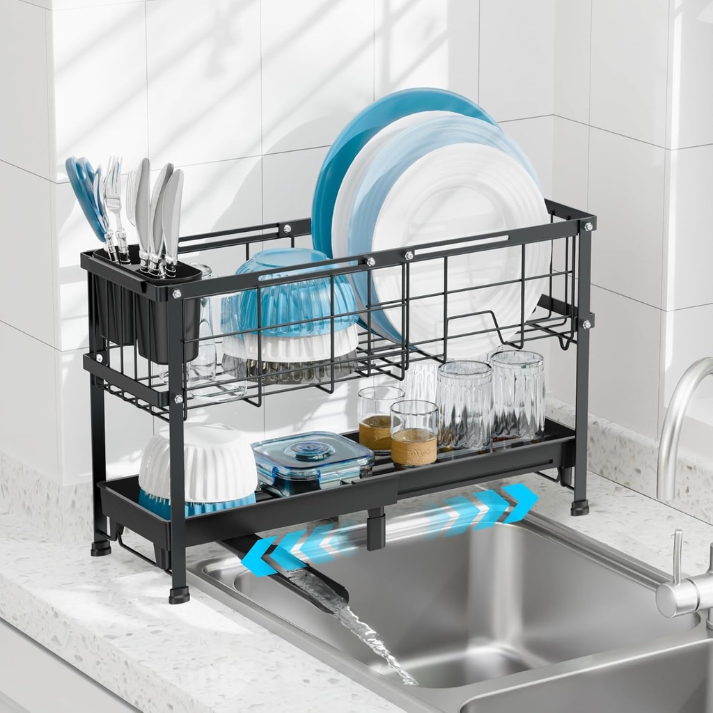 GSlife Narrow Dish Drying Rack - Expandable Small Dish Rack for Kitchen Counter, 2 Tier Adjustable Capacity Dish Drainer Rack with Removable Cutlery Holder, 15.7''-20.7''L x 7" D x 12.6" H, Black