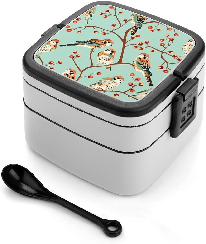 American Kestrel Pattern Bento Box with Spoon 2 Layer Lunch Box Portable Food Container for Travel Work