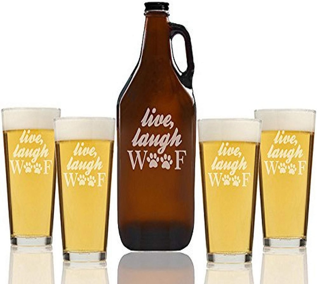 "Live Laugh Woof Glass" Beer Amber Growler & pint Glasses, Set of 5