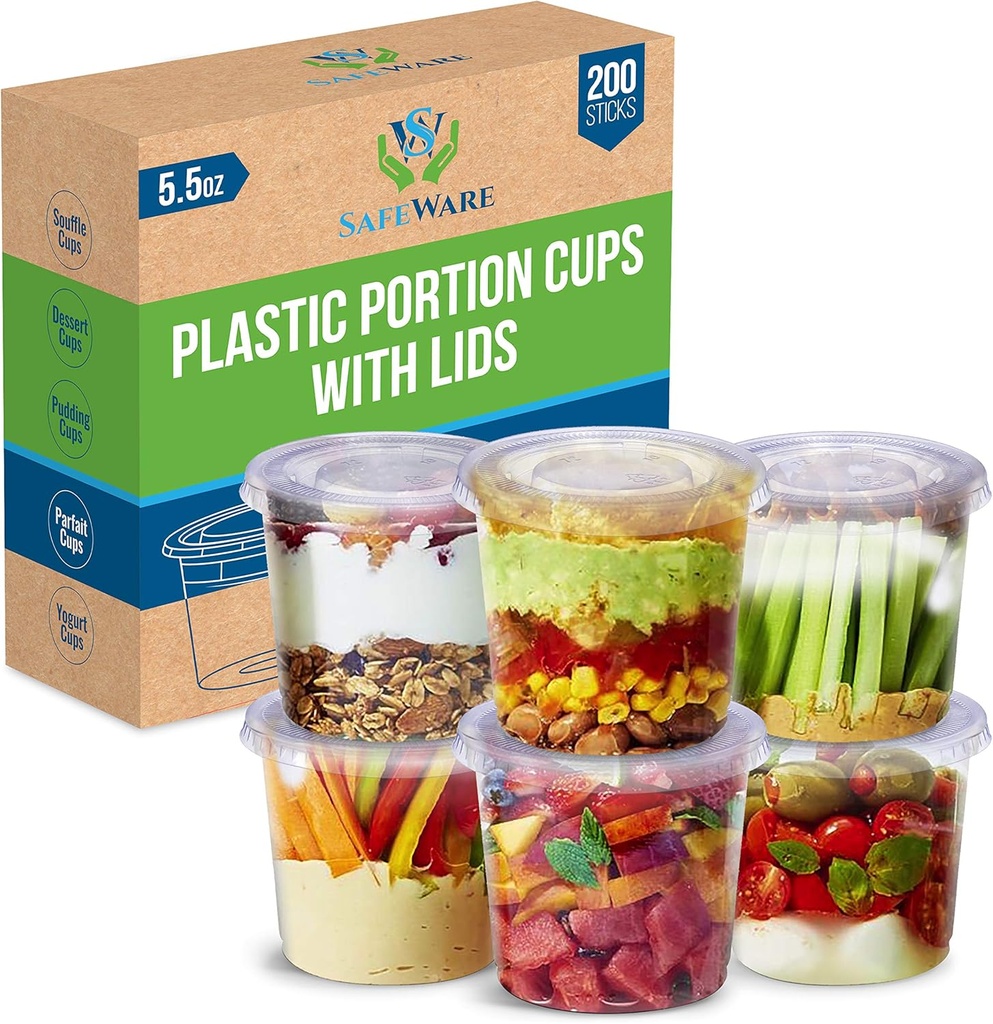 Disposable Portion Cups with Lids - 200 Set Disposable Clear Plastic, Ideal for Jello Shot, Condiment and Sauce Cups with Lids Restaurant quality Souffle Portion Container (5.5oz)