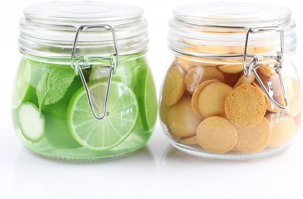 Glass Jars With Airtight Lids 16 OZ 2 Set Wide Mouth Food Storage Canisters Leakproof Sealed Jar Containers With Clamp Lids For Coffee,Sugar, Spices,Snacks, Pickles,Cereal,Tea Bags,Candy,Cookies