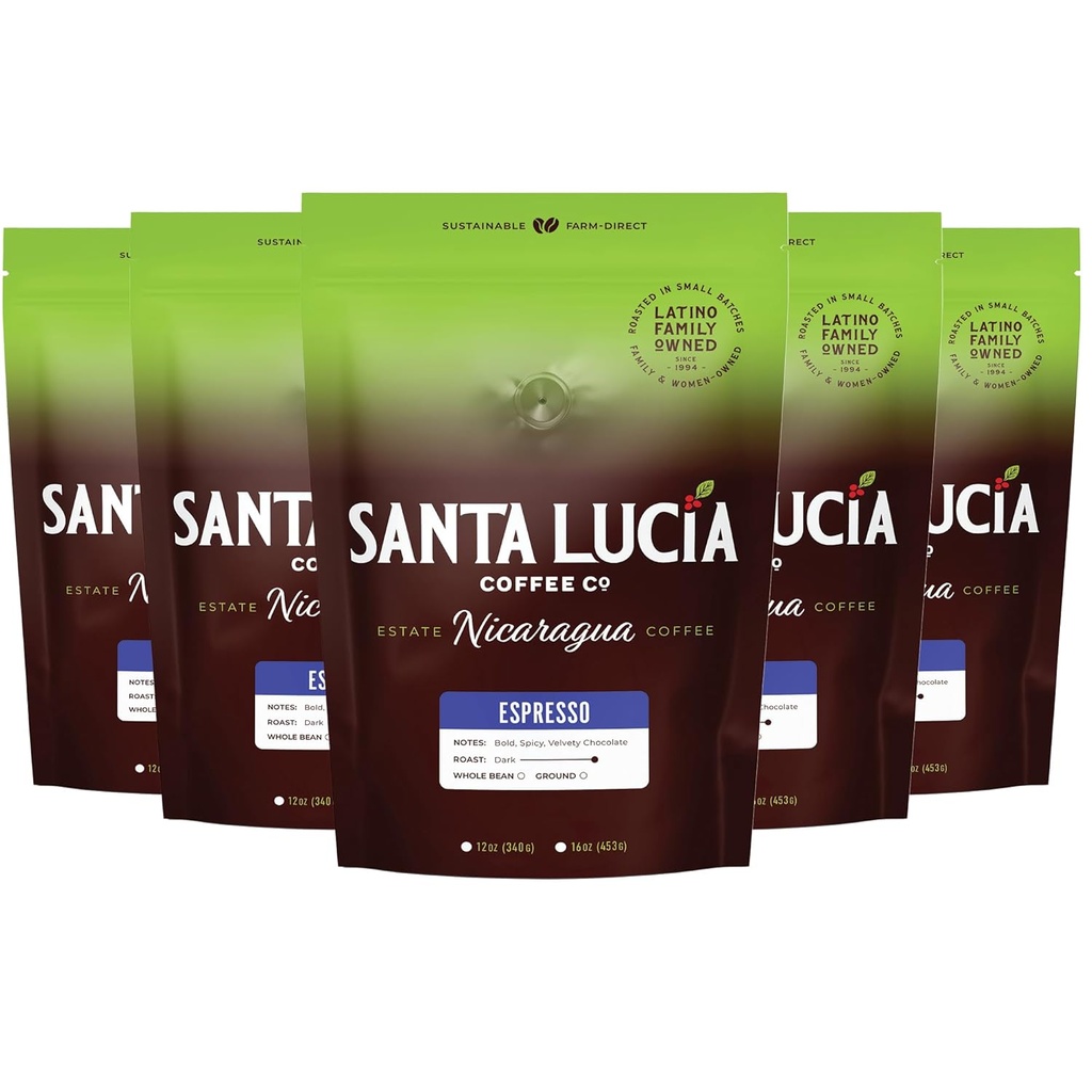 Santa Lucia Coffee Café Crema Espresso Roast Coffee - Specialty Volcanic Nicaraguan Espresso Roast - Farm-Direct, Low-Acid - Dense Golden Crema - 91-Point, Small-Batch - Ground - 16oz (Pack of 5)