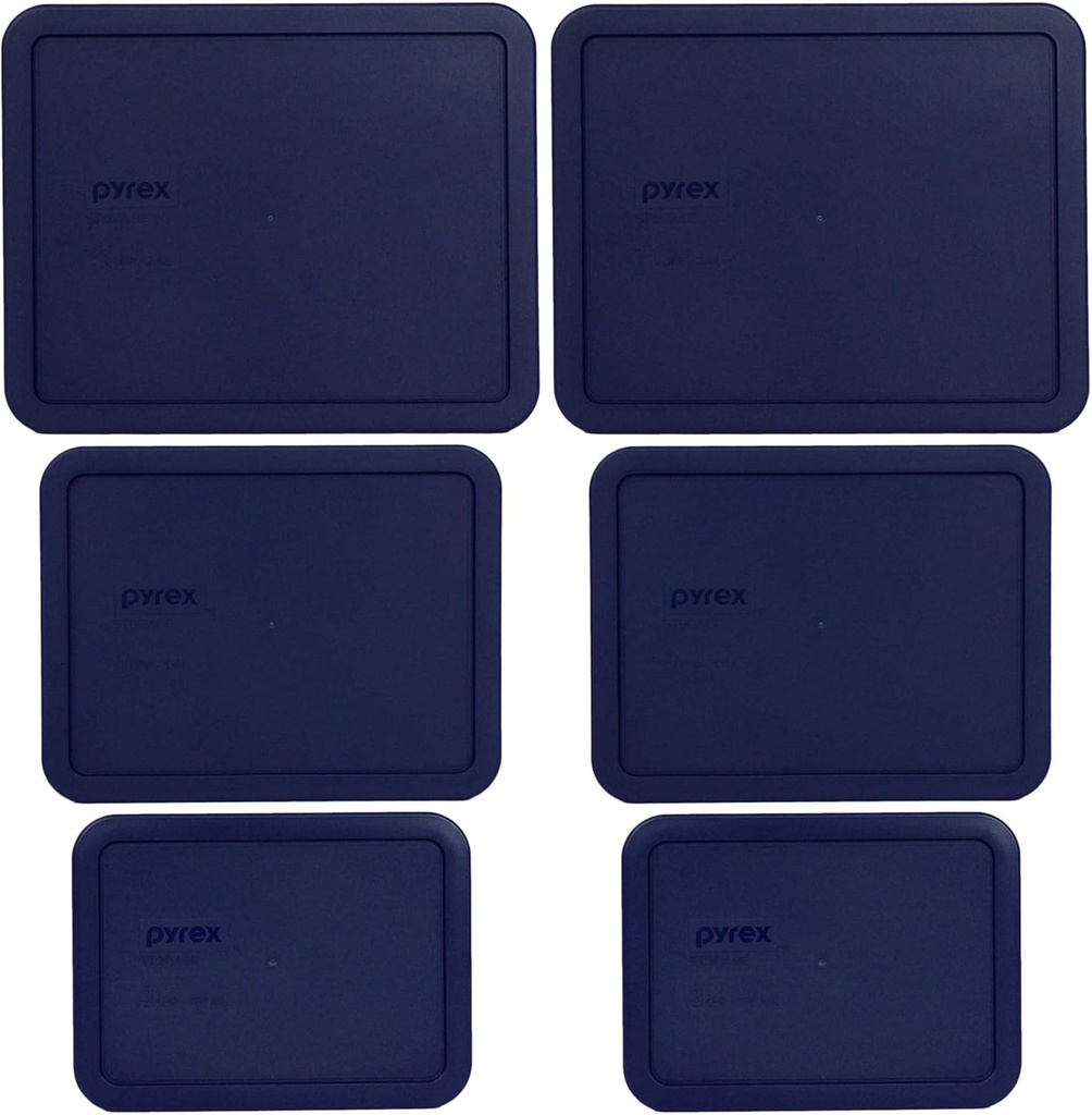 Pyrex (2) 7212-PC 11-Cup, (2) 7211-PC 6-Cup, and (2) 7210-PC 3-Cup Blue Plastic Storage Lids, Made in the USA