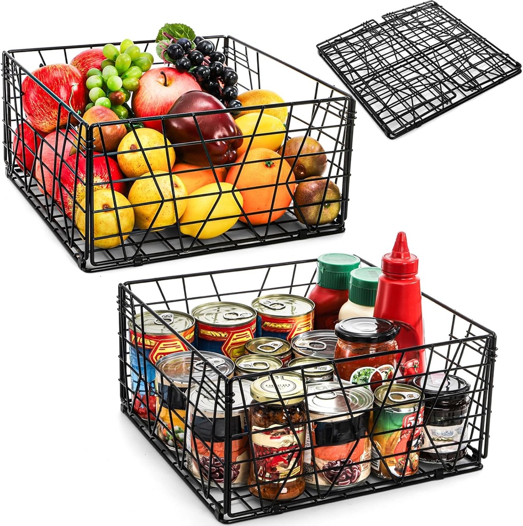 TOPZEA 2 Pack Black Metal Food Storage Basket for Pantry Organization, Foldable Wire Cabinet Organizers with Handle, Canned Goods Snack Baskets Freezer Bins for Organizing Kitchen, Bathroom, Garage