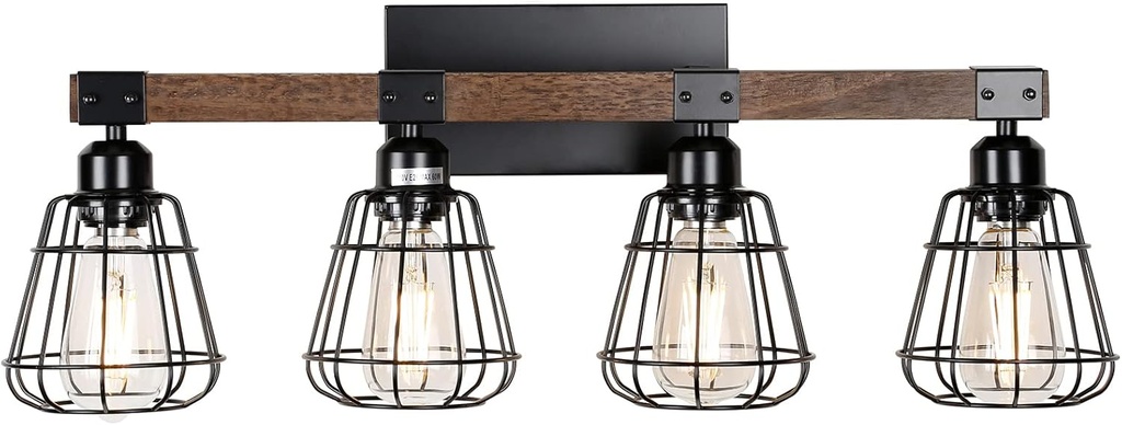 Bathroom Vanity Light Fixture,Rustic 4-Light Wood Wall Light,Industrial Bathroom Lighting Fixture Over Mirror,Modern Matte Black Metal Cage Wall Sconce for Hallway,Kitchen,Bedroom