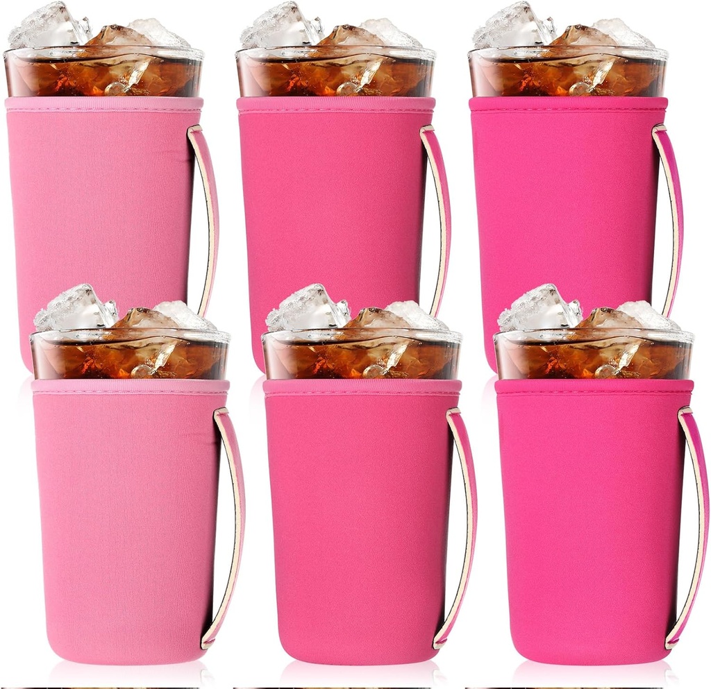 LemonRoad 6 Pack Pink Iced Coffee Cup Sleeve Reusable Insulated Neoprene Beverage Holder for Cold Drinks Durable Drink Sleeve for Iced Coffee, Fits 22-24 Ounce