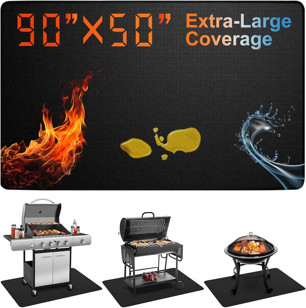 Extra Large 90 x 50 Inch Under Grill Mat for Outdoor Grill, Double-Sided Fireproof Deck & Patio Protector, Heat Resistant BBQ Mat, Waterproof & Oil-Proof for Charcoal, Gas Grill, Smoker, Fire Pit
