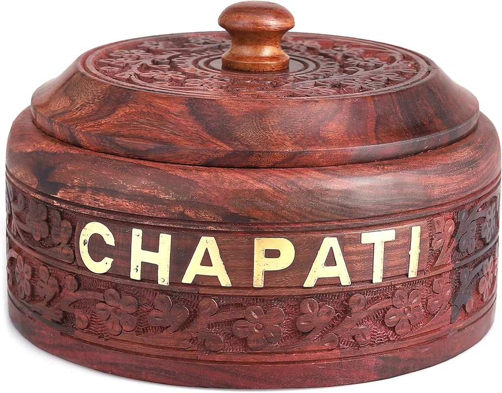 MAXCLASS Chapati Box made of Rosewood Handmade Stainless Steel Wooden Casserole for CHAPATI & BREAD with Engraved Design