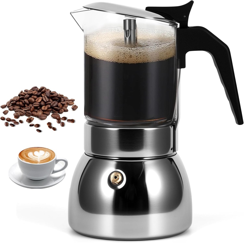 SHANGSKY Moka Pot Espresso Maker, Stovetop Italian Coffee Maker, 300 ML Glass Top and Stainless Steel Coffee Pot, Visual Mocha Pot Cafetera Espresso Cuban Coffee Maker (Glass, 300 Milliliters)
