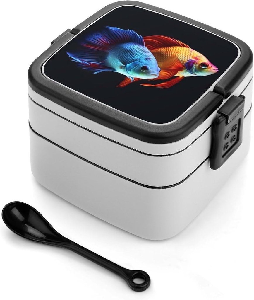 Colorful Fish Bento Box Leak-Proof Double Layered Lunch Containers with Spoons And Invisible Handle, Portable Lunch Boxes for Work Picnic Travel