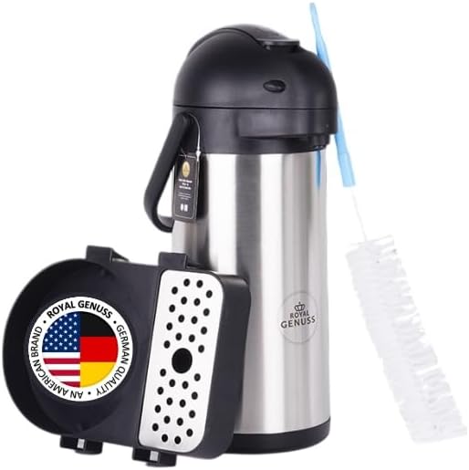 Airpot Coffee Dispenser 102 oz (3L) with Pump, Drip Tray and Cleaning Brush - Stainless Steel Insulated Carafe - 24 Hour Heat Retention - 36 Hour Cold Retention - 2 Gifts are included
