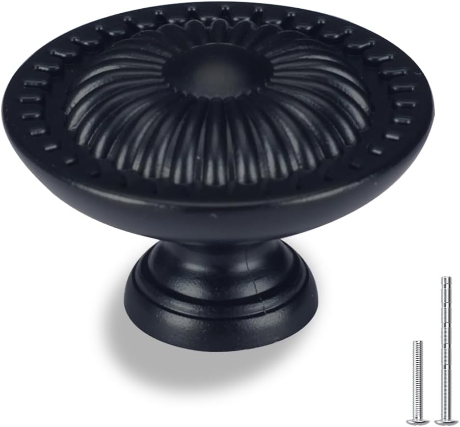 5 Pack Matte Black Drawer Knobs,Heavy Duty Zinc Alloy Flower Pattern,Cabinet Knobs for Kitchen and Bathroom,Vintage Round Drawer Knobs