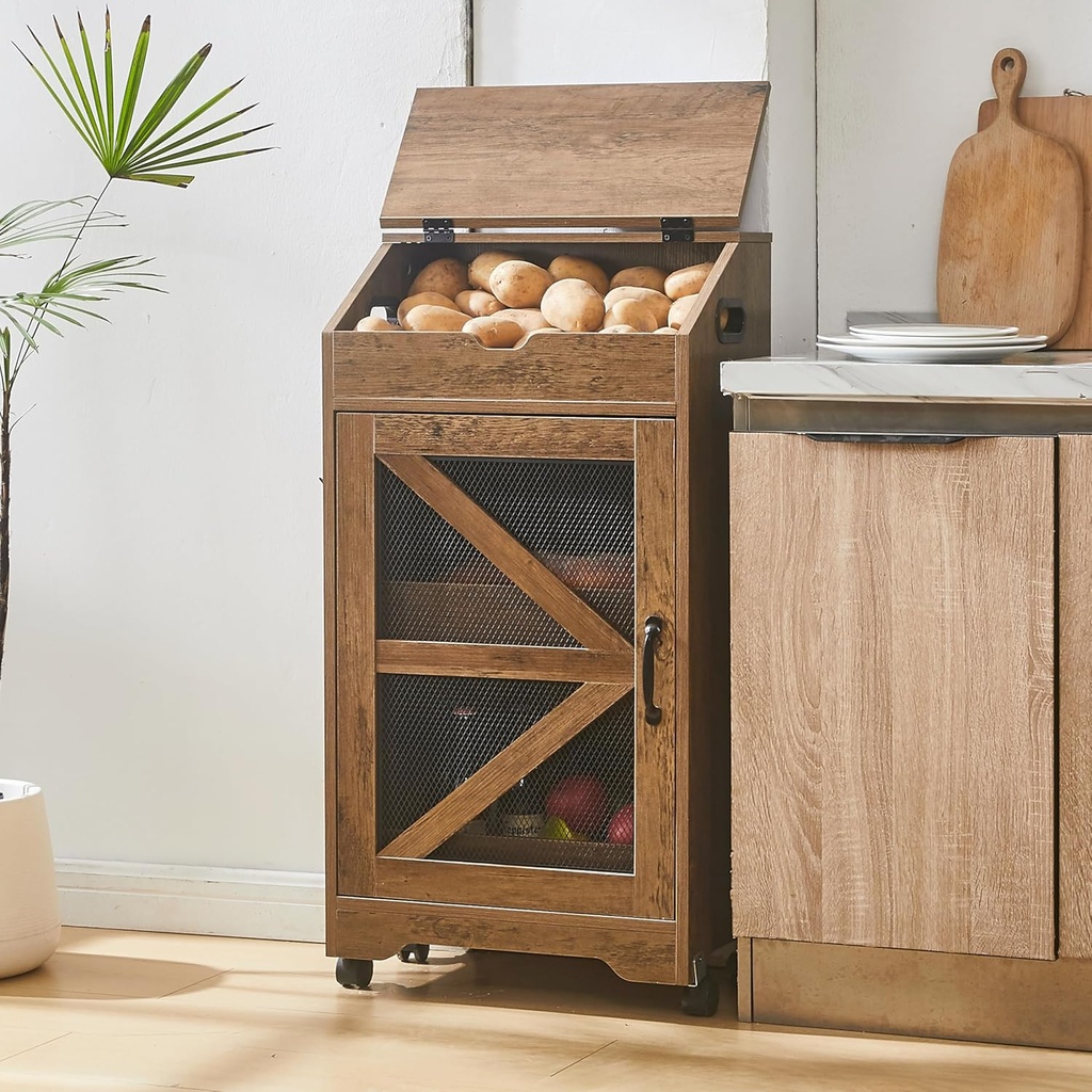 Potato and Onion Storage Bin, Wood Bread Box with Lid, Movable Fruit and Vegetable Organizer for Pantry, Kitchen