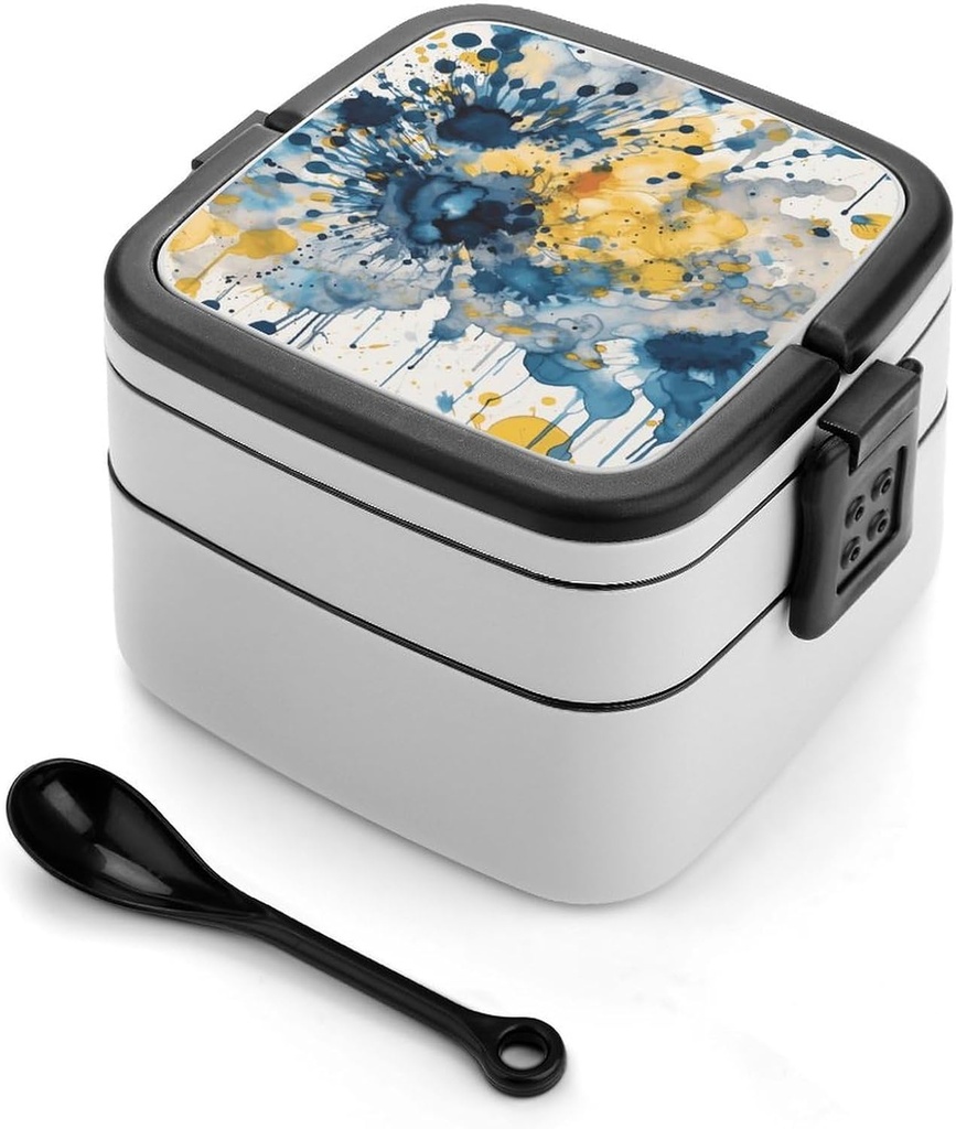 Blue And Yellow Bento Box for Adults Double Layer Lunch Box with Spoon And Invisible Handle Microwave Dishwasher Safe Leak Proof Meal Prep Lunch Containers for Office Picnic