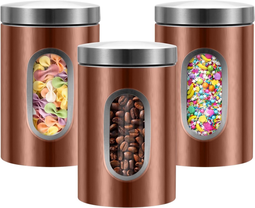 Canisters Sets for the Kitchen, 3pcs Sugar Flour Tea Coffee Storage Jars Stainless Steel Food Container Organizer for Kitchen Counter with Transparent Window (bronzy)