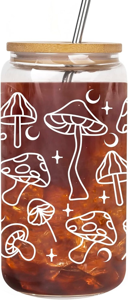 Mushroom Iced Coffee Glasses with Bamboo Lids and Straw, Cute Mushroom Drinking Beer Can Shaped Cup, Aesthetic Birthday Gifts for Mushroom Lovers Women Mom Best friend wife