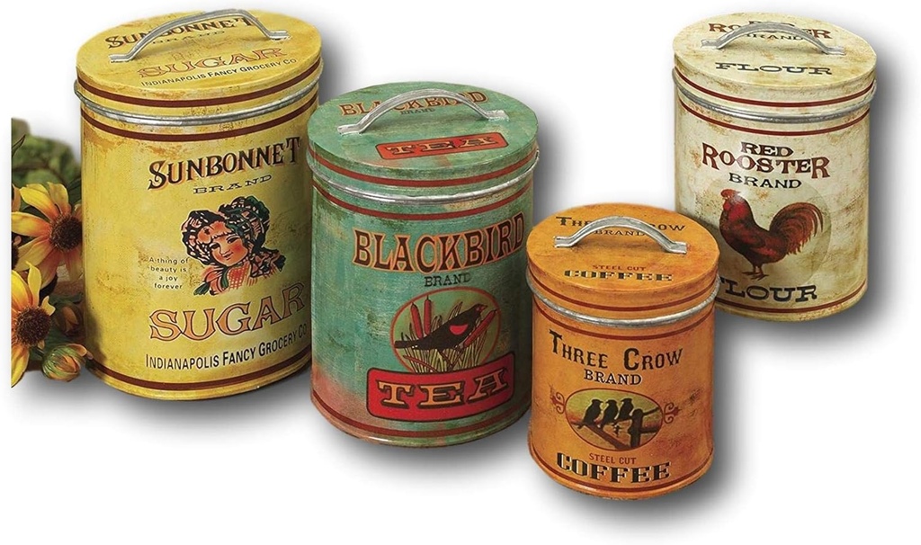 Set of 4 Large Vintage Antique Style Round Metal Nesting Kitchen Canisters with Lids Sugar Tea Coffee and Flour