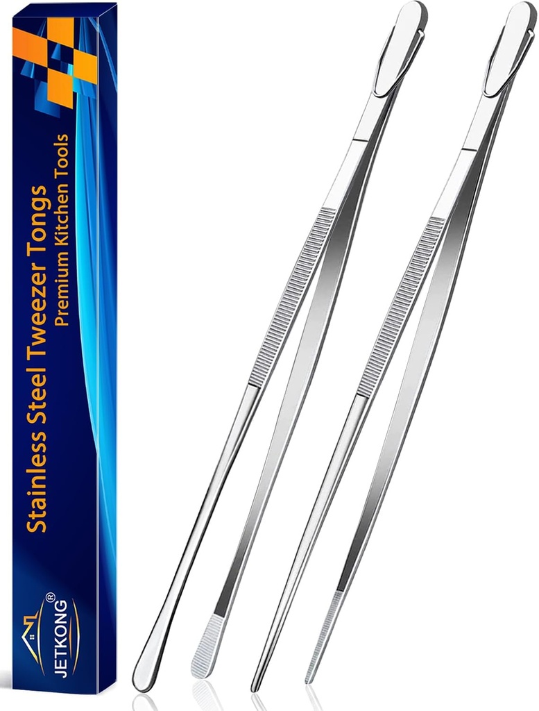 JETKONG 2 Pcs 14-Inch Food Tweezers Stainless Steel Tweezer Tongs Extra-Long Cooking Tweezers (Silver)