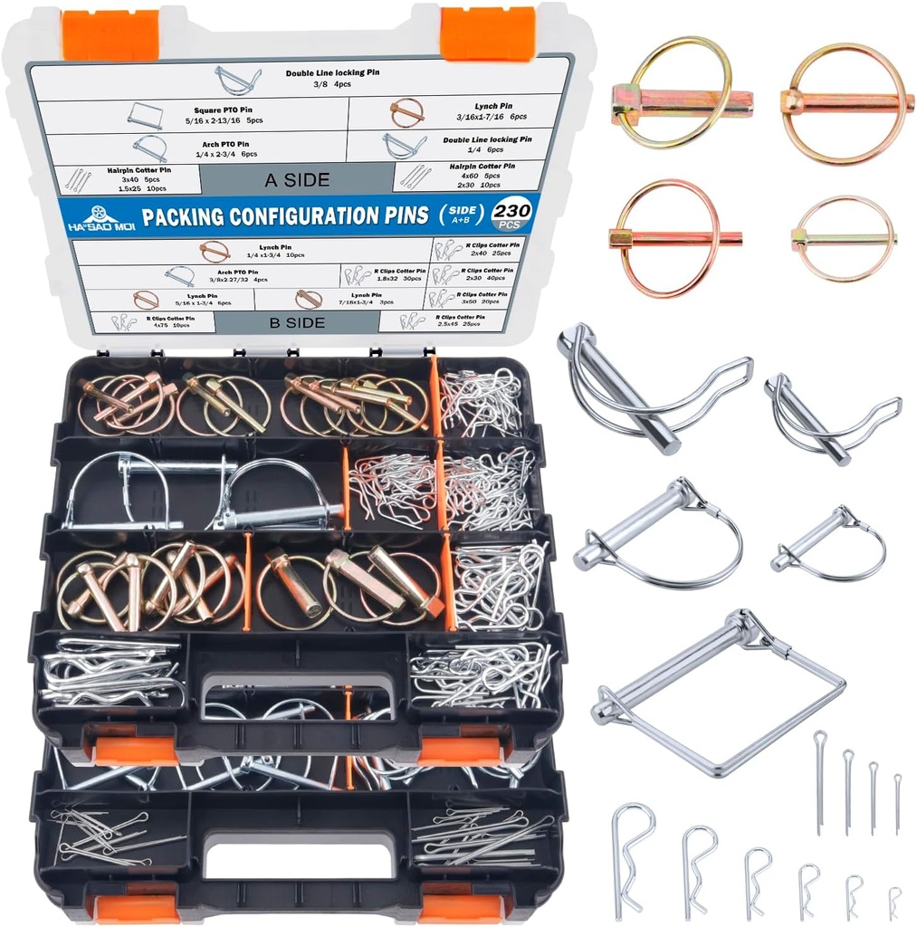 230Pcs Heavy Duty Pin Assortment Kit, Hitch Pins, Clip Pins, Linch and PTO Pins for Truck Towing Mowing, Farm Equipment, Lawn Mowers, 3 Point Accessories Tractor Attachments