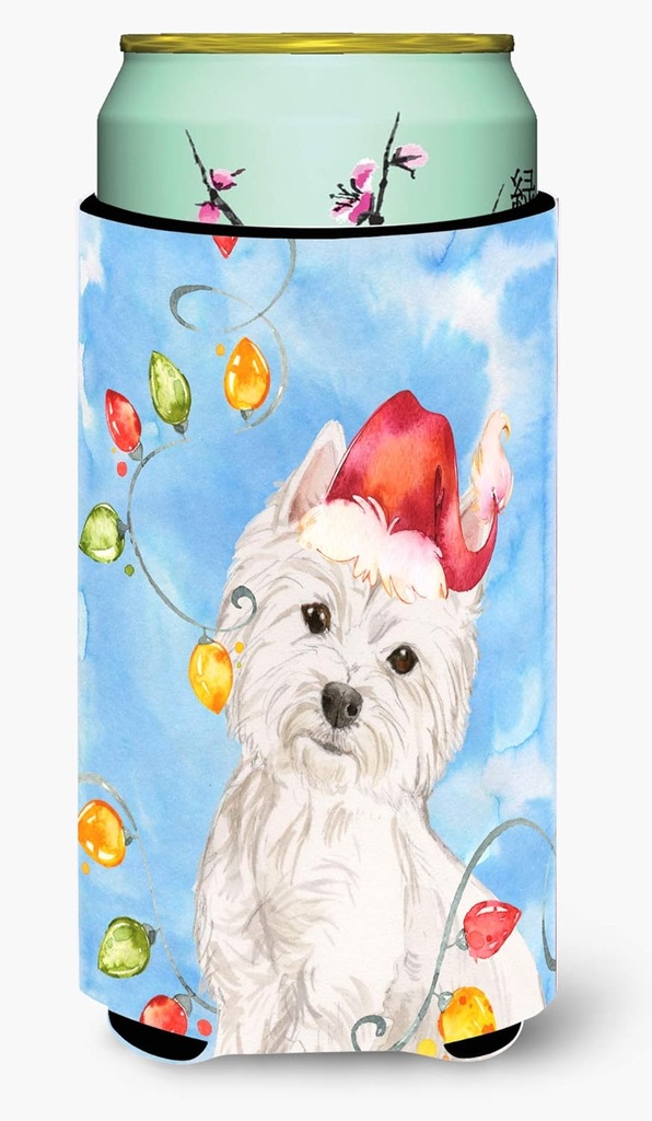 Caroline's Treasures CK2511TBC Christmas Lights Westie Tall Boy Hugger Can Cooler Sleeve Hugger Machine Washable Drink Sleeve Hugger Collapsible Insulator Beverage Insulated Holder