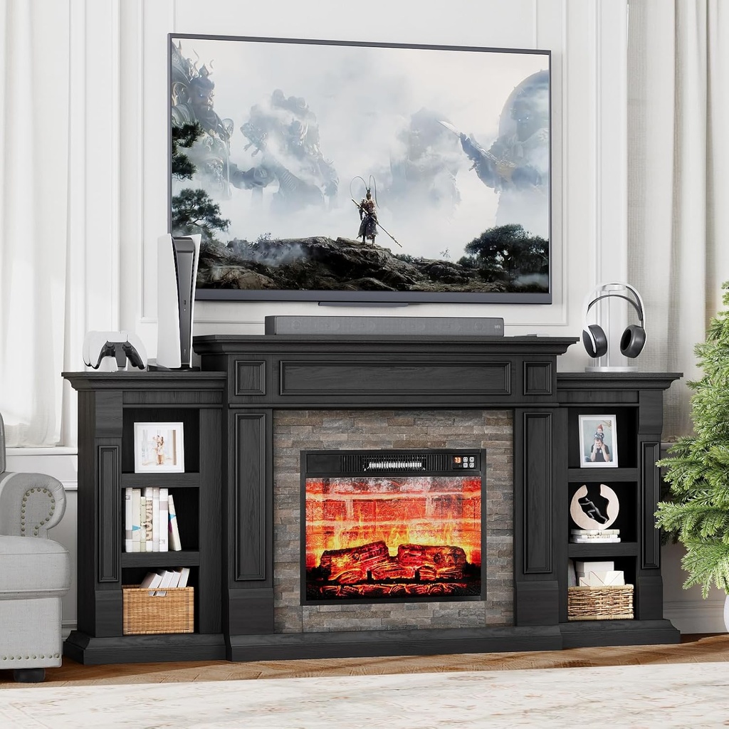 70" Fireplace TV Stand for TVs Up to 80 Inch, Electric Fireplace with Mantel, Modern Entertainment Center with Storage, 3D Flame Effect Realistic Stacked Stone Surround for Living Room, Black