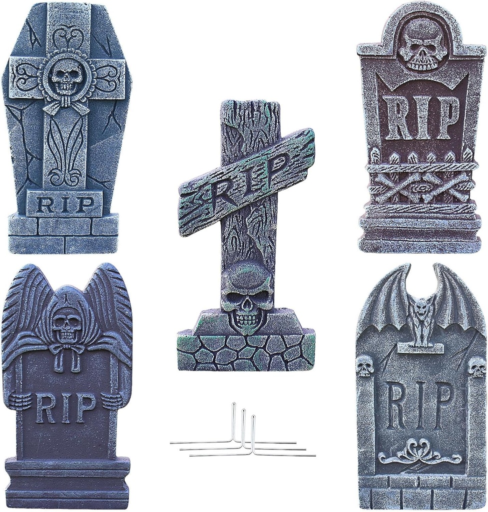 5 Pack Halloween Foam RIP Graveyard Tombstones, Halloween Gravestone Decorations for Lawn Yard Patio Halloween Party(16 inch)