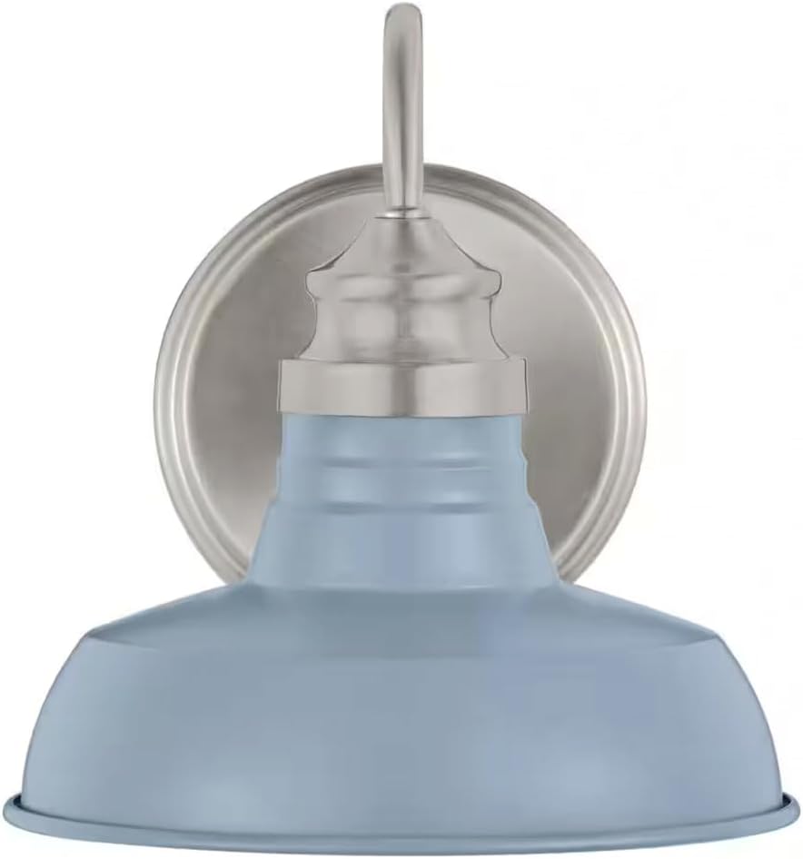Ceybo 1-Light Wall Sconce for Bathroom, Bedroom, or Hallway – Brushed Nickel Farmhouse Fixture with Slate Blue Metal Shade, Reversible Design, and Damp Rated for Indoor Use.