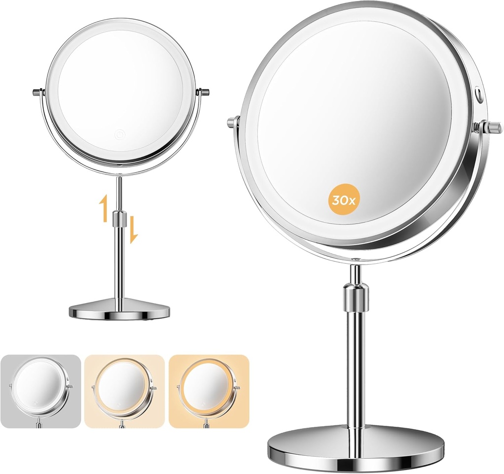 Makeup Mirror, 1X/30X Double Sided Magnifying Mirror/Switch with 3 Colors, 3200 mAh Rechargeable, 8" Lighted Makeup Mirror with Magnification, Adjustable Brightness, for Vanity or Bathroom