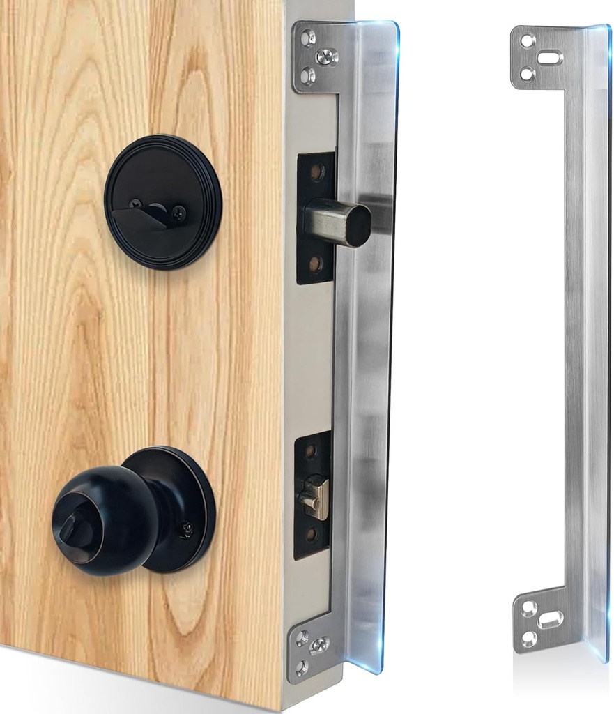 Door Latch Guard Plate 12” with 1” Offset Cover, Satin Nickel, Outward Opening Door Security Guard, Protector Shield for Door Knob/Deadbolt/Mortise/Double Door Lock(1 Pack)