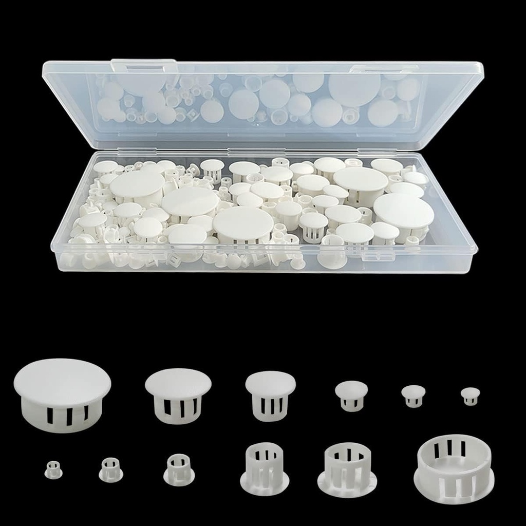 155 pcs White Plastic Plugs, 5mm (0.19"), 6mm (1/4"), 8mm (5/16"), 10mm (3/8"), 13mm (1/2"), 25mm/(1"), 6 Sizes Plastic Hole Plugs Set