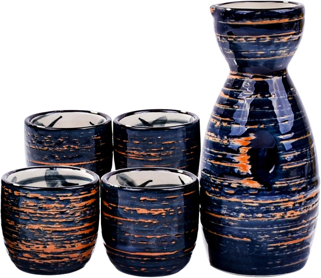 Japanese Sake Set - 1 Ceramic Sake Decanter & 4 Cups, Traditional Black and Blue Handcrafted Glaze for Home Dining, Gift, or Sake Serving