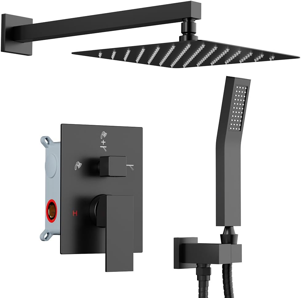Shower Faucet Set Matte Black Shower System, Starbath 12" Rain Shower Head and Handheld Spray Shower Set Complete Wall Mounted,2 Way Pressure Balance Shower Valve and Trim Kit Included