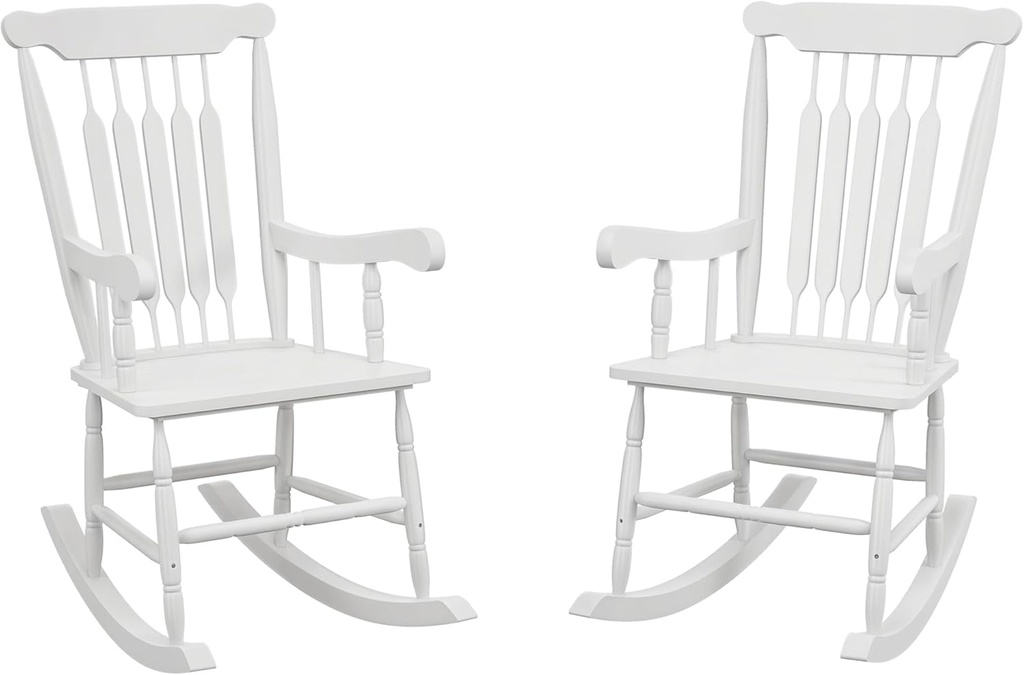 Outsunny Outdoor Wood Rocking Chairs Set of 2, 350 lbs. Porch Rockers with High Back for Garden, Patio, Balcony, White