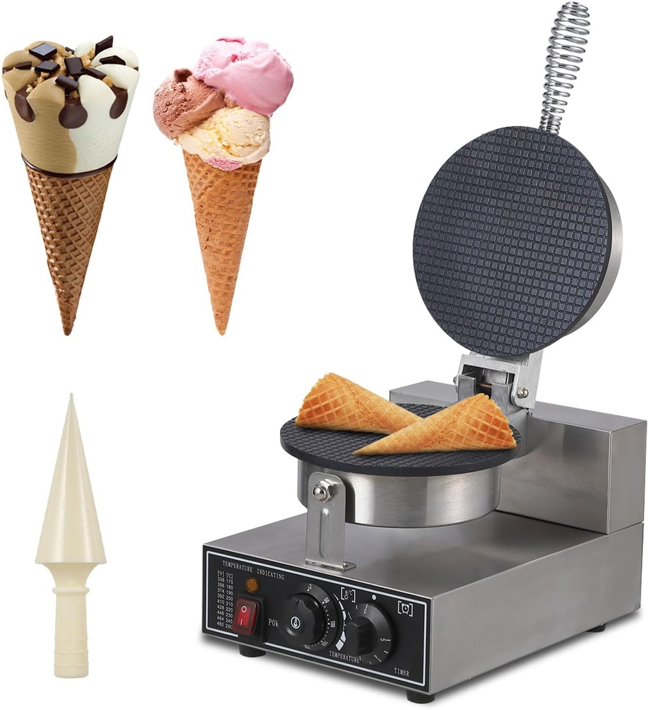 1300W/110V Commercial Ice Cream Cone Maker Machine - Multi-Purpose Stainless Steel Waffle Cone, Bowl & Egg Roll Mold Maker - Adjustable Temp/Timer for Shops, Cafes, Food Trucks