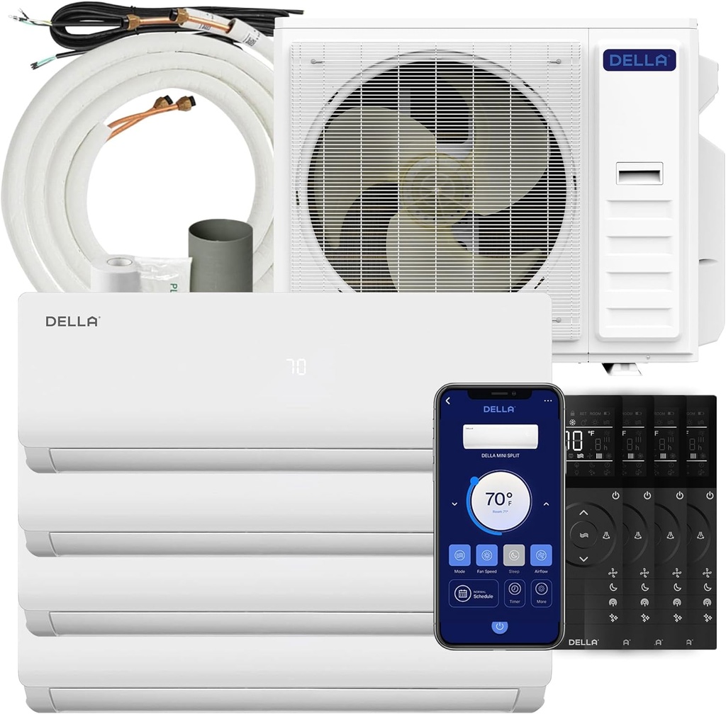 Della 36K BTU ODU Quad 4 Zone (9K 9K 12K 12K) 20 SEER2 208-230V Cools Up to 1900 Sq.Ft, Works with Alexa, Wifi Energy Efficient Multi Zone Mini Split Air Conditioner Pre-Charged Heat Pump Full Set