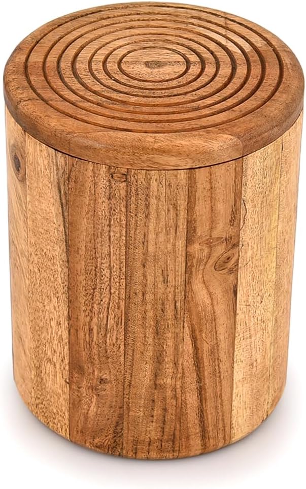 Kimona Food Jars & Canisters Acacia Wood round wooden storage jar with Lid for Spaghetti Pasta, Tea, Coffee, Spice (4.5" X 4.5" X 6")