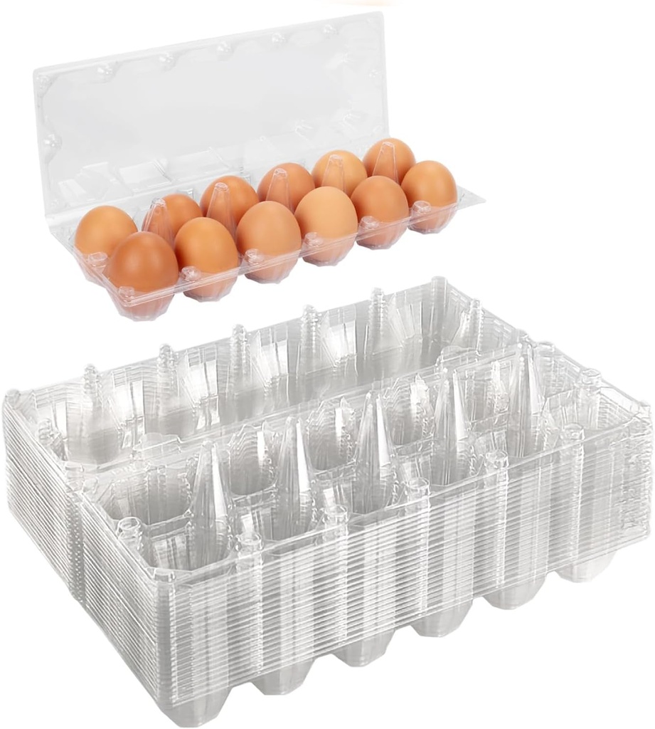 50 Pack Plastic Egg Cartons Cheap Bulk,12 Count Clear Empty Egg Cartons for Fresh Chicken Eggs,2x6 Grids Reusable Egg Trays for Refrigerator Storage, Chicken Farm, Markets Display