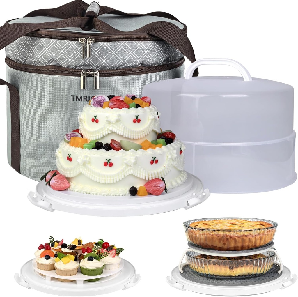 12 Inch Cake carrier Container with Lid and Handles Includes Insulated Bag for Safe Transportation of Buttercream Doesn't Melt Easy for Cakes, Pies and Cupcakes (Grey)