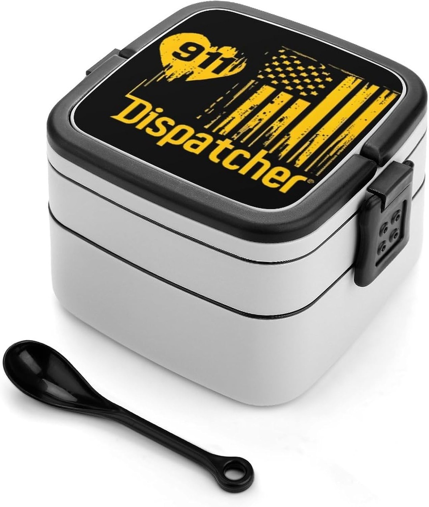 911 Dispatcher U.S Flag with Heart Lunch Box with Handle Stackable 2 Layer Leak-Proof Bento Box Portable Food Containers for Unisex