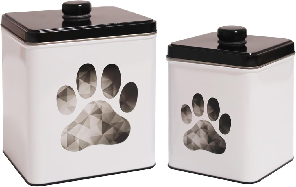 2pc Set Square Storage Dog Tin Container for Treats, Food, Storage, Supplies, Toys (Paw)