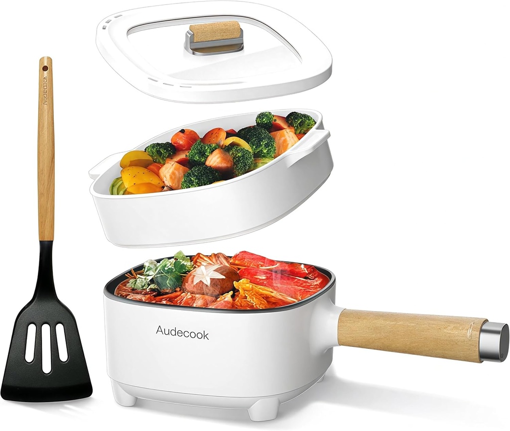Audecook Hot Pot Electric 2L, Cermic Glaze Non-Stick Frying Pan 8 Inch, Portable Travel Cooker for Ramen/Steak/Fried Rice/Oatmeal/Soup, with Dual Power Control (Silicone Spatula Included)