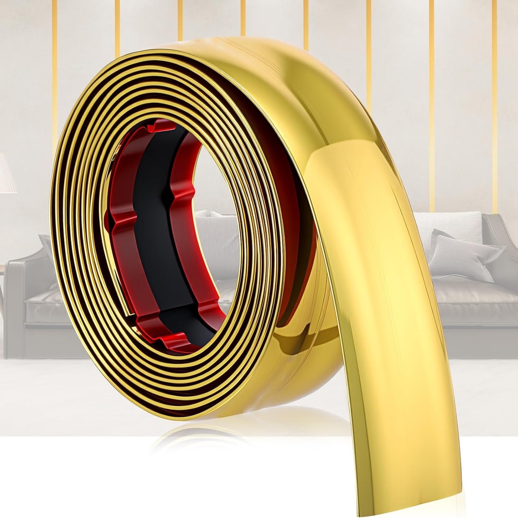 Glossy Gold Peel and Stick PVC Molding Trim, Flexible DIY Wall Accent Strip for Mirror Frame, Cabinet, Edges & Borders and Tiles (590''L x 1.2''W)