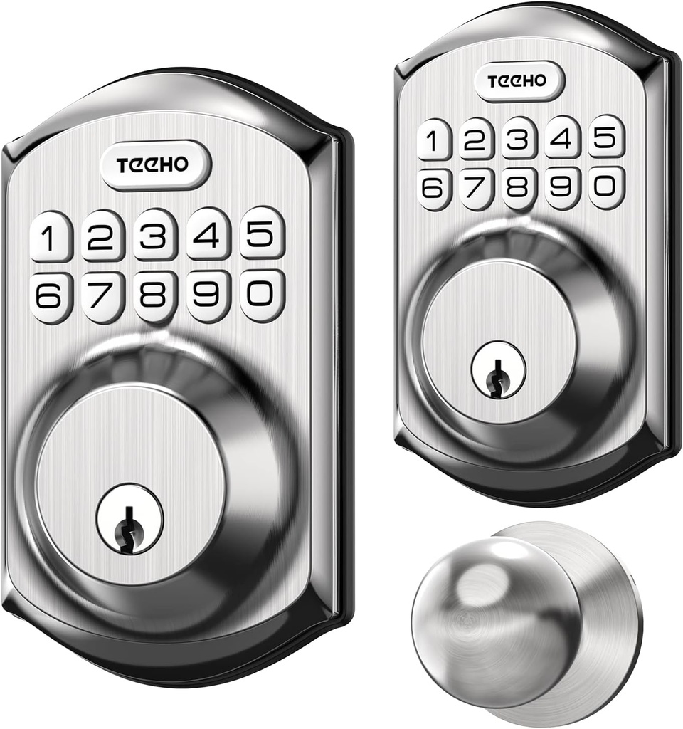 TEEHO Keyless Entry Door Lock with Knob Handle - Electronic Keypad Deadbolt with Door Knob - Deadbolt Smart Lock for Front Door Lock Set - Auto Lock - Easy Installation - Satin Nickel