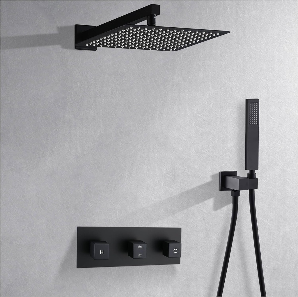 TNOMS Rainfall Shower System with 10 Inch Rainfall Shower Head and Square Handheld Shower Head,High Pressure Bathroom Luxury Rain Mixer Shower Complete Combo Set,Wall Mounted,Matte Black
