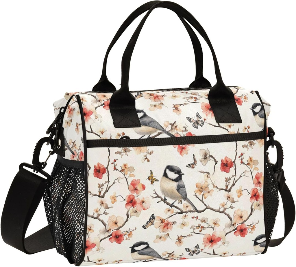KLL Lunch Box Adjustable Lunch Boxes for Adults Camping with Shoulder Strap S Aesthetic Black Capped Chickadee Birds A River