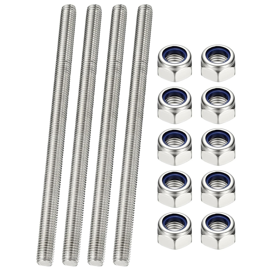 PATIKIL 4 Pcs Fully Threaded Rod, M8 x 180mm 304 Stainless Steel Right Hand Long Thread Bar Studs with Nuts for Pipes Clamps Hangers U-Bolts
