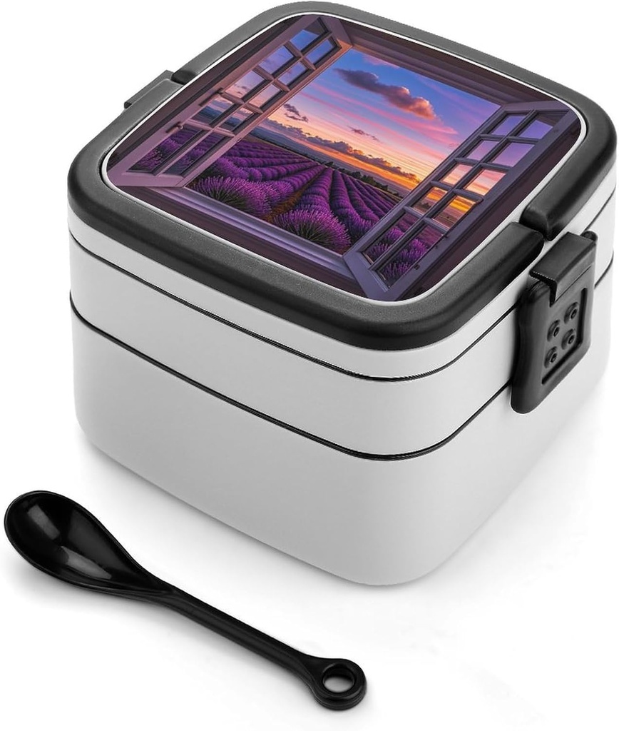 Purple Sunset Lavender Flower Bento Box Leak-Proof Double Layered Lunch Containers with Spoons And Invisible Handle, Portable Lunch Boxes for Work Picnic Travel
