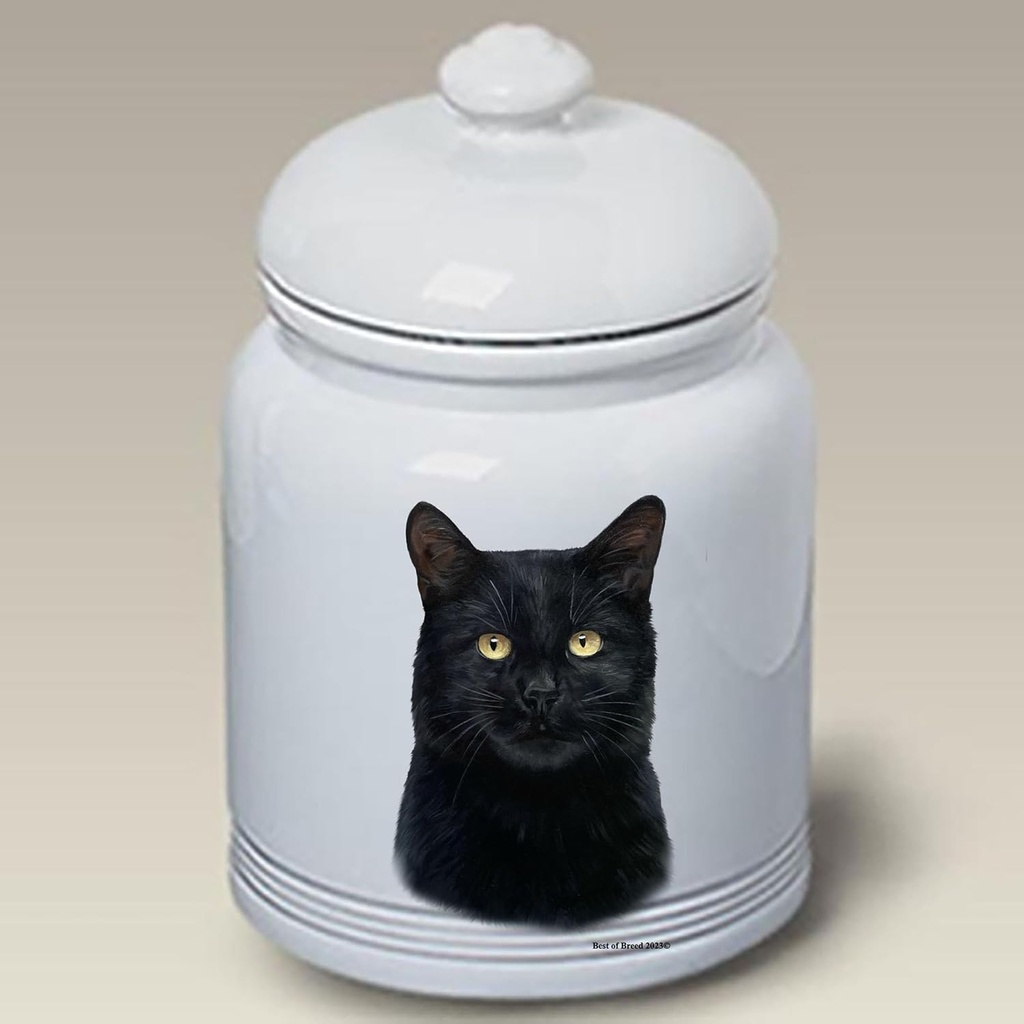 Shorthair Black Cat - Best of BreedDog and Cat Ceramic Treat Jar 9" Tall Air Tight Seal All White